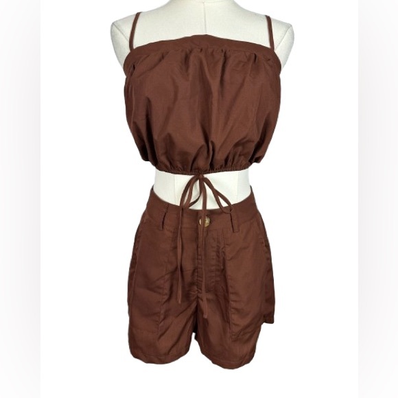 Cupshe Pants - Cupshe Brown Tie-Front Crop Top & Shorts Set